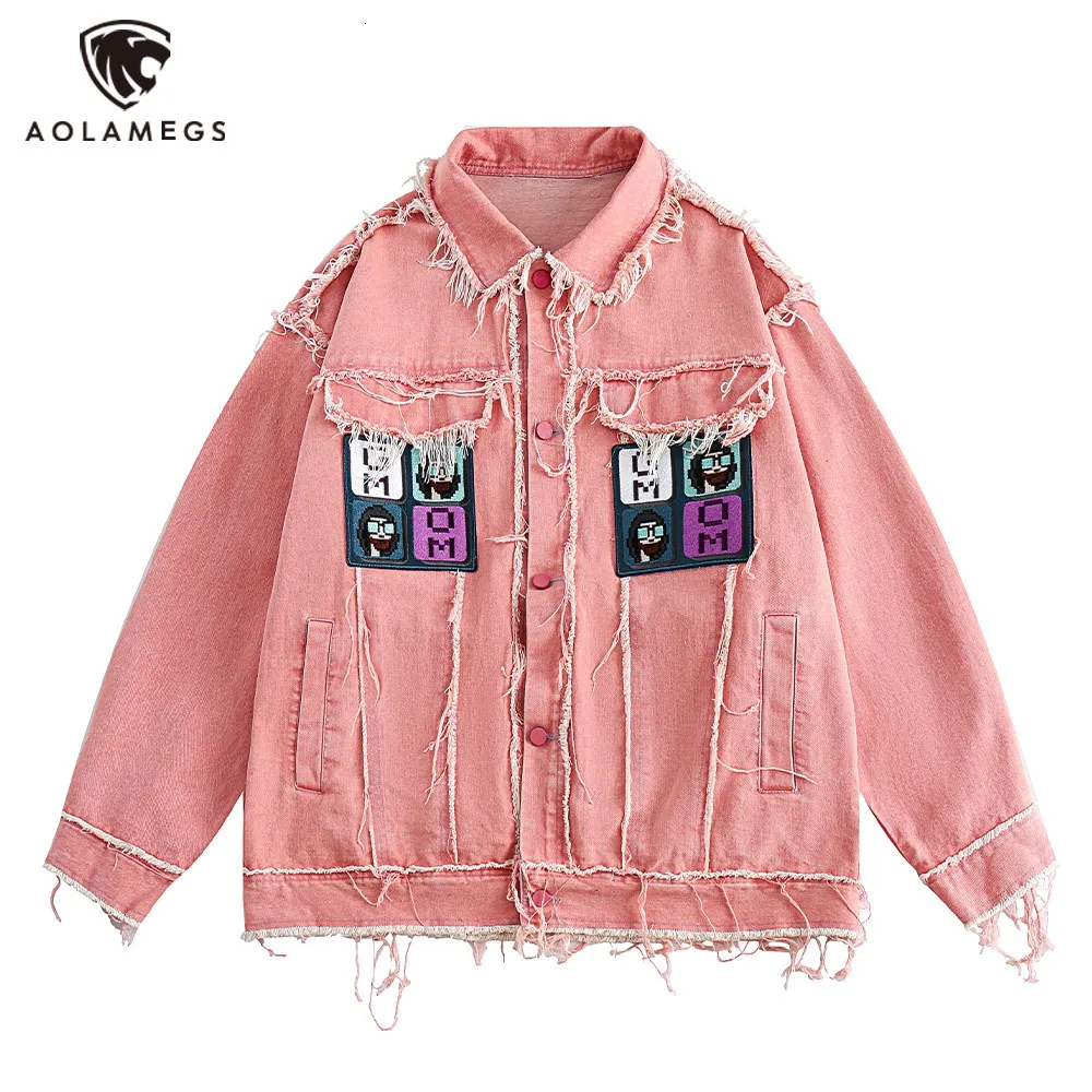 Mensjackor Hip Hop Tearing Raw Edge ColorBlock Patchwork Pink Denim för män Y2K Single Breasted Lapel Washed Jeans Jacket Overdimensionerad 230810