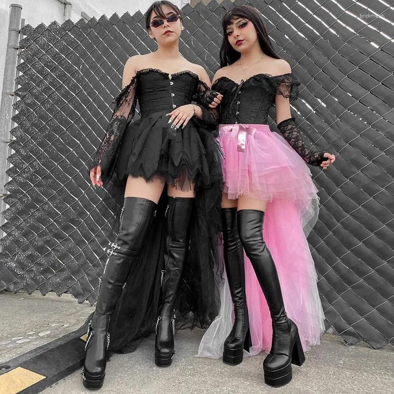 Skirts Gothic Fluffy Mesh Black Trailing High Low Skirt For Women