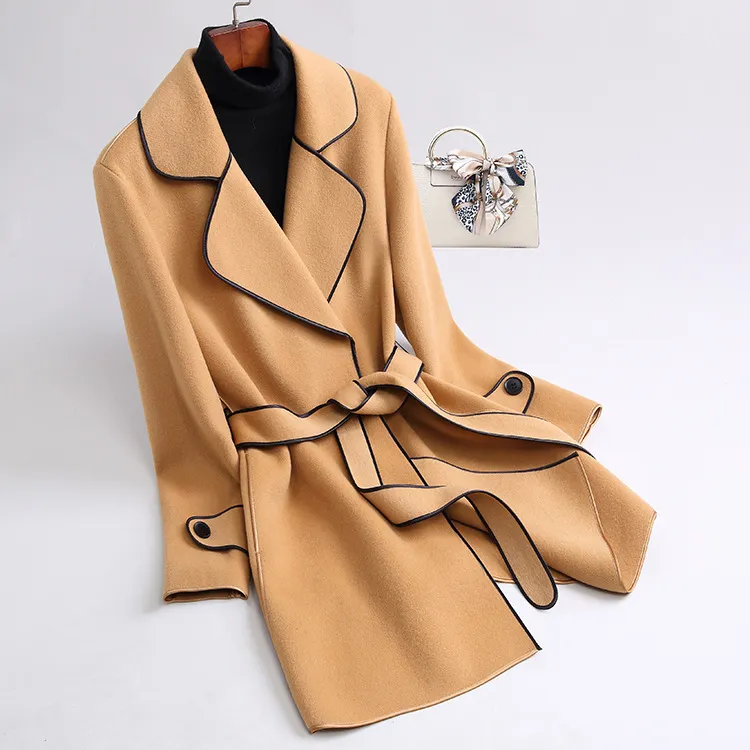 OC440M20# Kvinnor Wrap Coat Winter Pendling klädsel dubbelsidig kashmirrock med medellång längd Kontrasterande ull