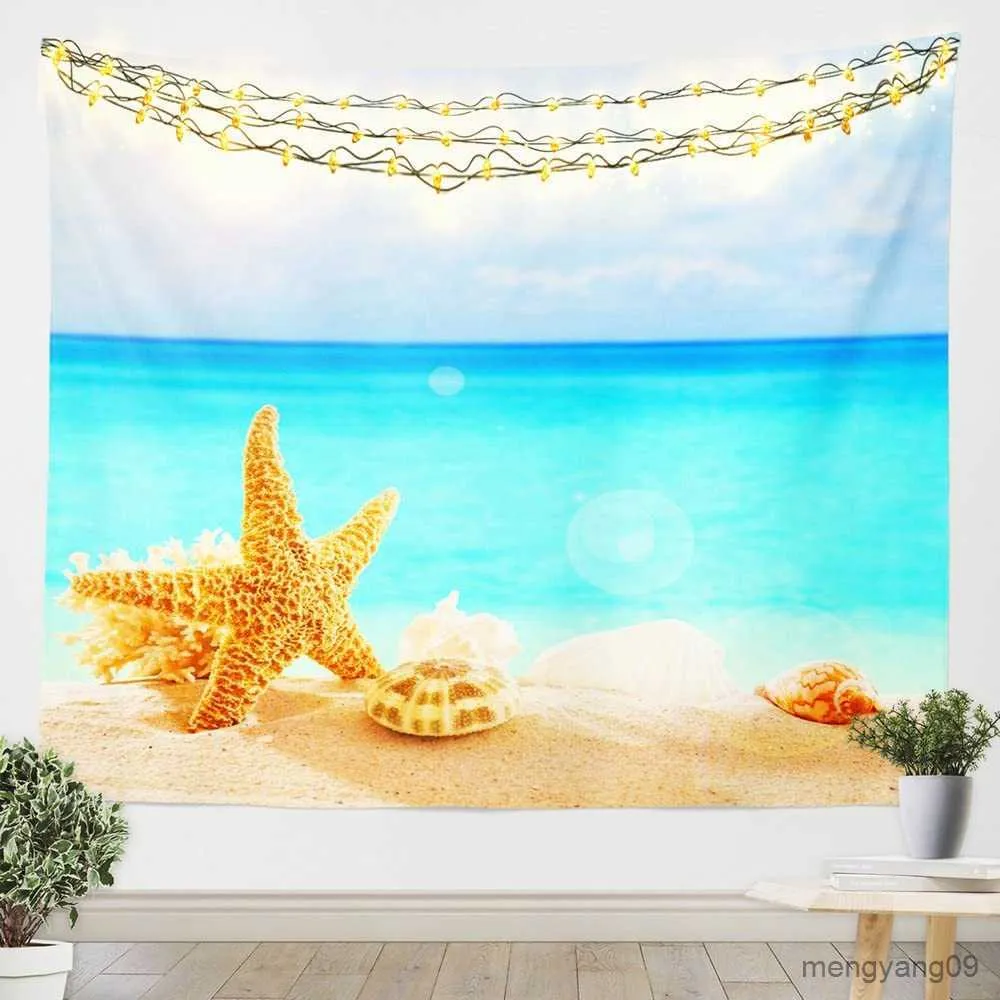 Tapissries Starfish Seashells Tapestry Sea Creatures Tapestry Beach Blue Ocean Tapestry Wall Hanging Bedroom vardagsrum sovsal dekoration R230810