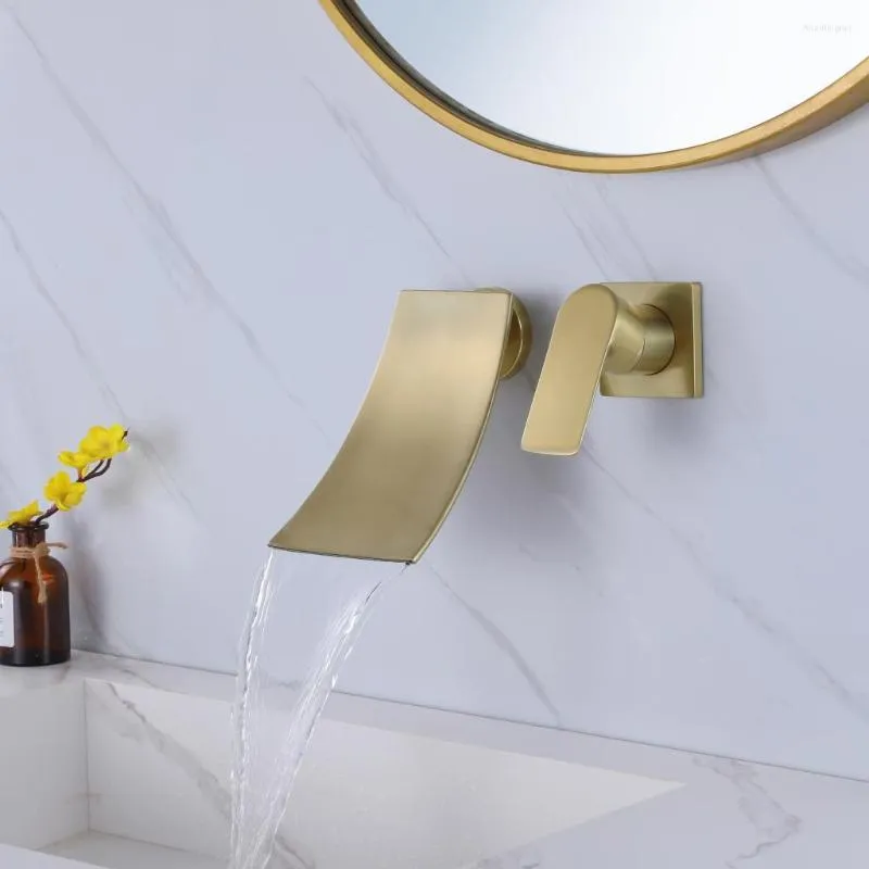 Bathroom Sink Faucets Brushed Gold Brass Faucet High Quality Luxury Cold Watefall Wash Basin Tap Wall Mounted Lavabo