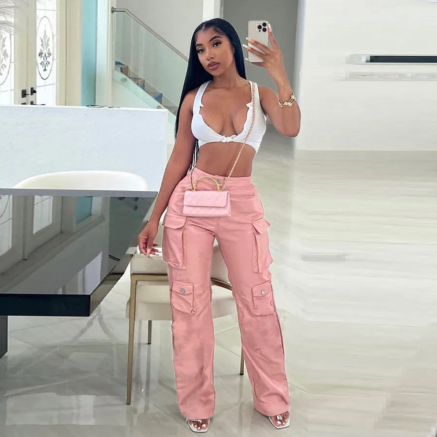 Pink PU Faux Leather Pink Cargo Pants Womens For Women Y2K Hip Hop Style  With High Waist Pockets, Baggy Straight Style, Wide Leg Fit, And  Fashionable Street Party Style Style #230809 From