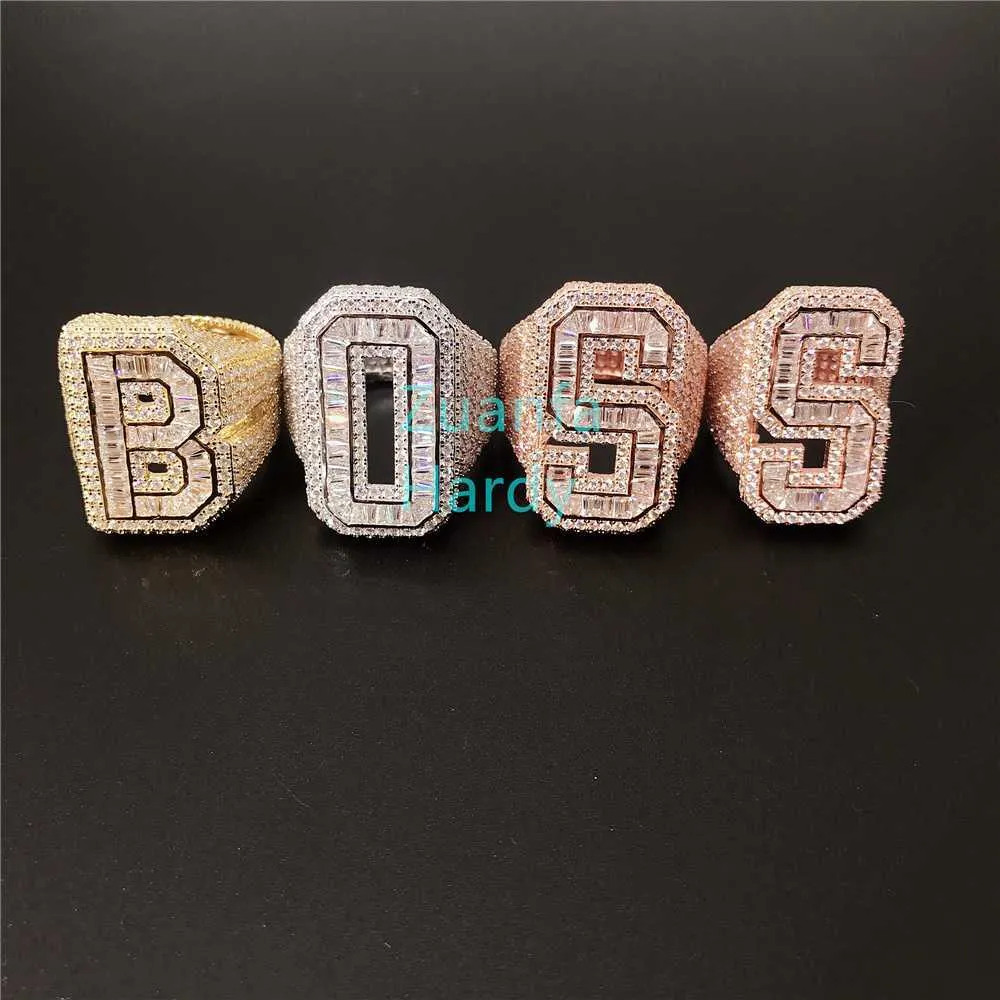 Designer Jewelry Custom HipHop Jewelry Gold Plated Baguette Moissanite Luxury Jewelry A-Z Letters Iced Out Initial Moissanite Ring