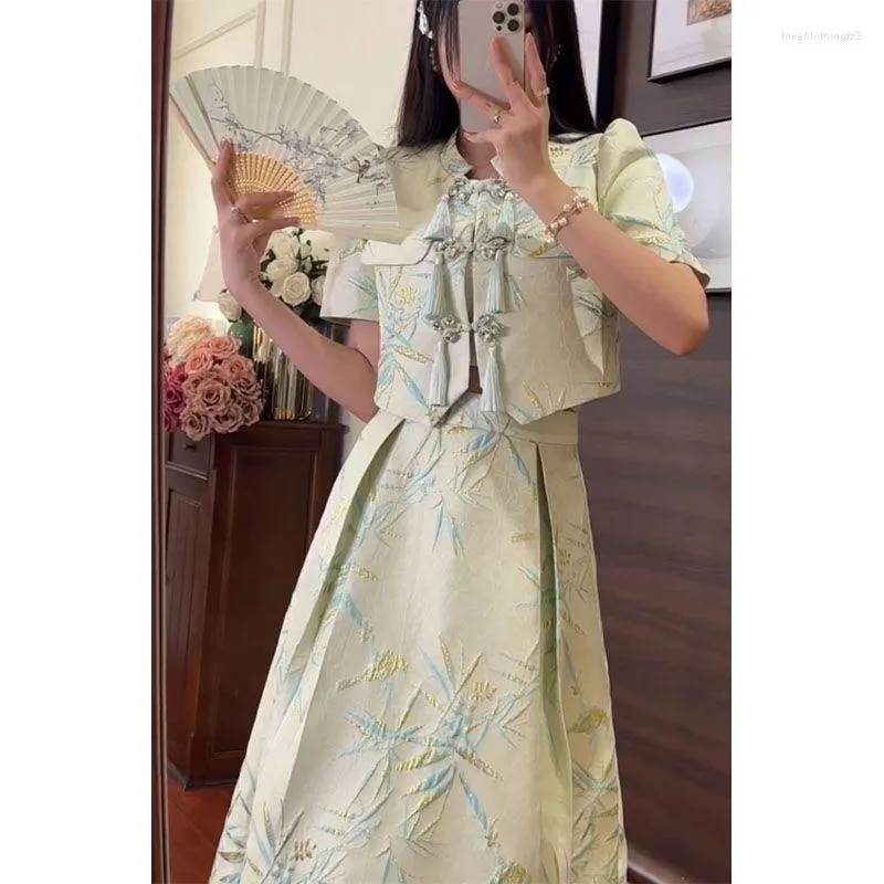 Ubranie etniczne moda retro chińska tradycyjna krótka spódniczka bluzka z rękawem w połowie elegancka letnia damska