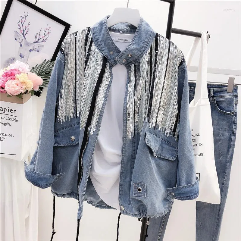 Vestes pour femmes 2023 Paillettes Denim Veste Femmes Bomber Mode Manches Longues Manteaux Vintage Hippie Jeans Colete Feminino