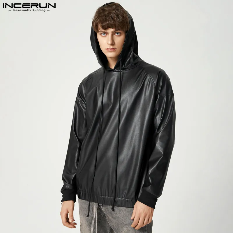 Men's Hoodies Sweatshirts INCERUN 2023 Fashion Men PU Leather Hooded Long Sleeve Streetwear Solid Color Punk Casual Pullover 5XL 7 230809