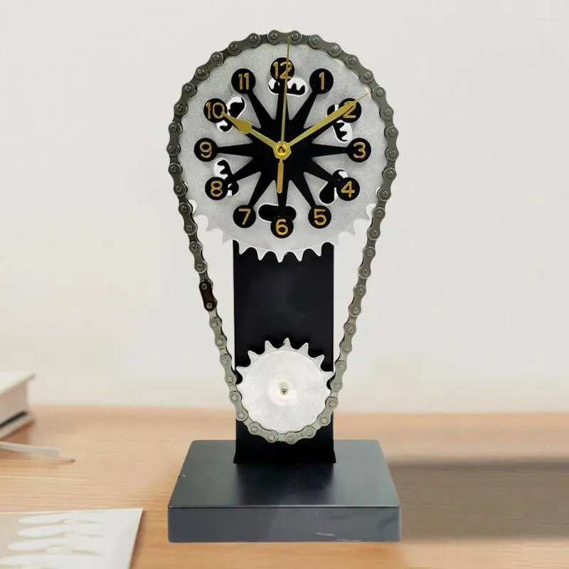 Orologi da tavolo Vintage Chain Gear Desktop Decor Artigianato Orologio creativo Ornamenti cavi 3D Texture metallica per la camera da letto del soggiorno di casa