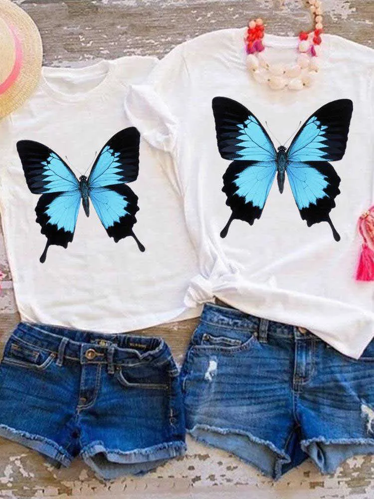 Familie matching outfits T-shirt familie matching outfits grafisch t-shirt vrouwen meisjes jongens kind kind vlinder waterverfprint zomer mama mama kleding