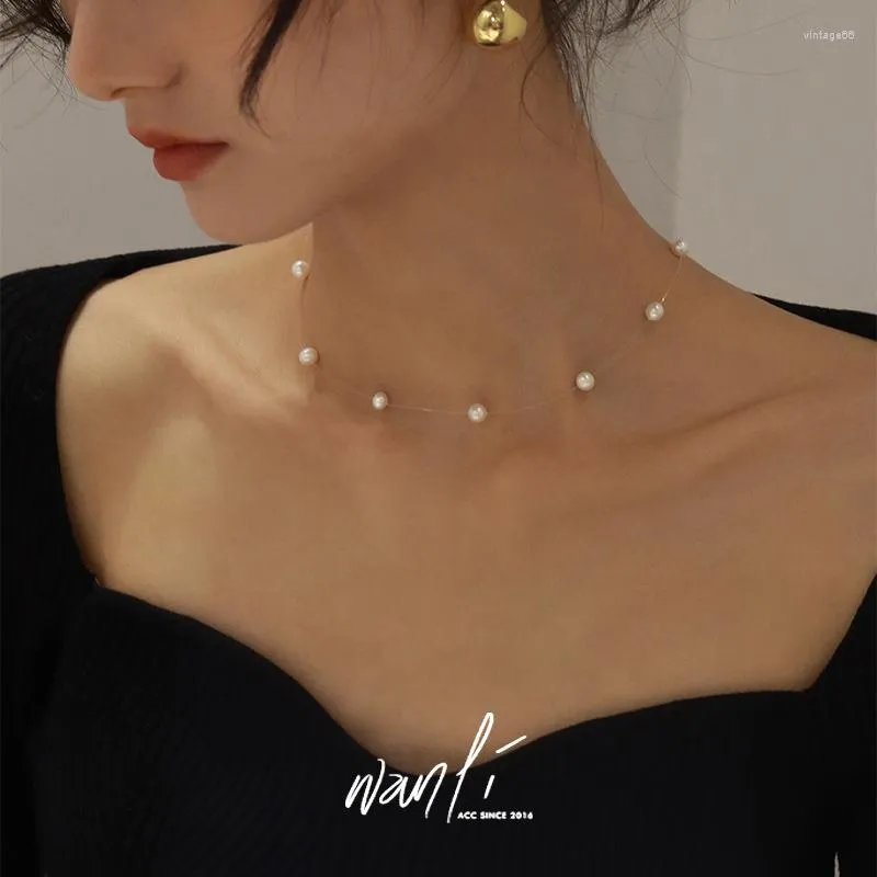 Ketten Erweiterte vielseitige Perlen-Fischfaden-Halskette für Damen, kurzer Chocker, leichter Luxus, Ins-Stil, klein und Design