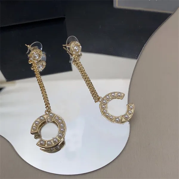 Woman Stud C Logo Earrings Designer Letter C Long chain Earring Women jewelry Ccity Double Pearl crystal orecchini 78