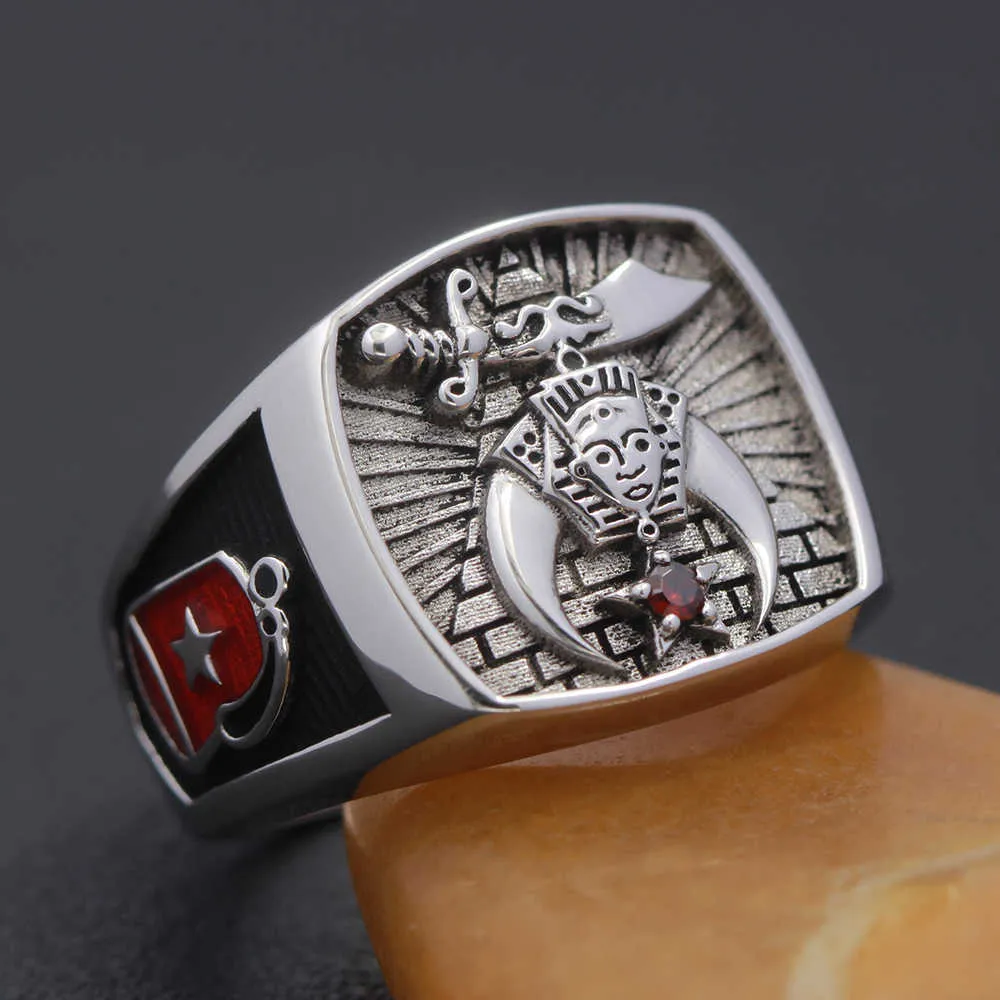 Band Rings Antique Shriners Masons Masonic Gems Stone 925 Sterling Silver Ring