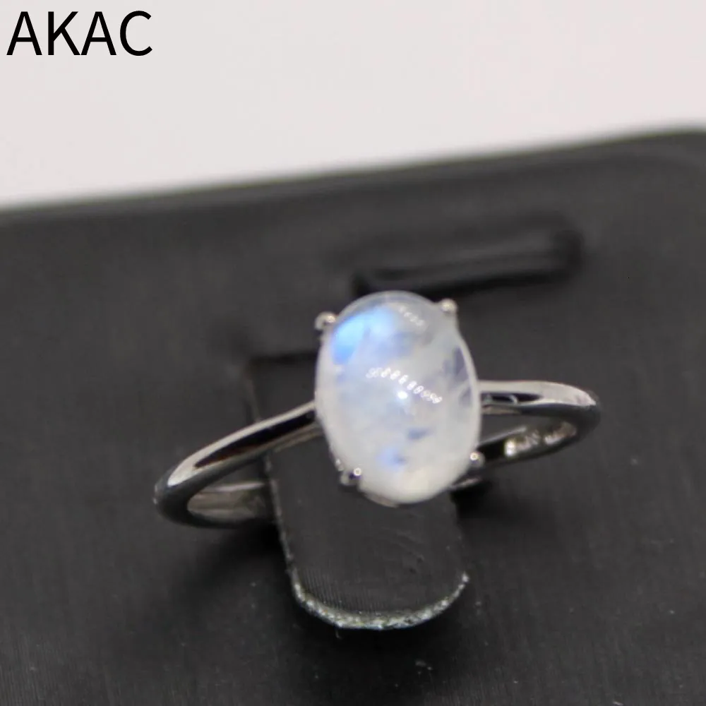 Bröllopsringar AKAC 925sterling Silver Ca7*9mm Natural Rainbow Moonstone Justerbar ring 230810