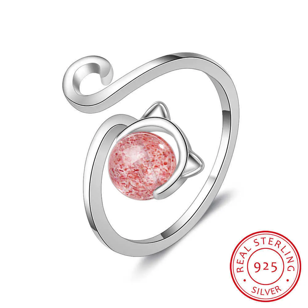 Pierścienie zespołu 925 Solid Real Sterling Srebrna moda Cat Strawberry Crystal Otwarcie Pierścień Otwarcia Porębia dla nastolatków dzieci