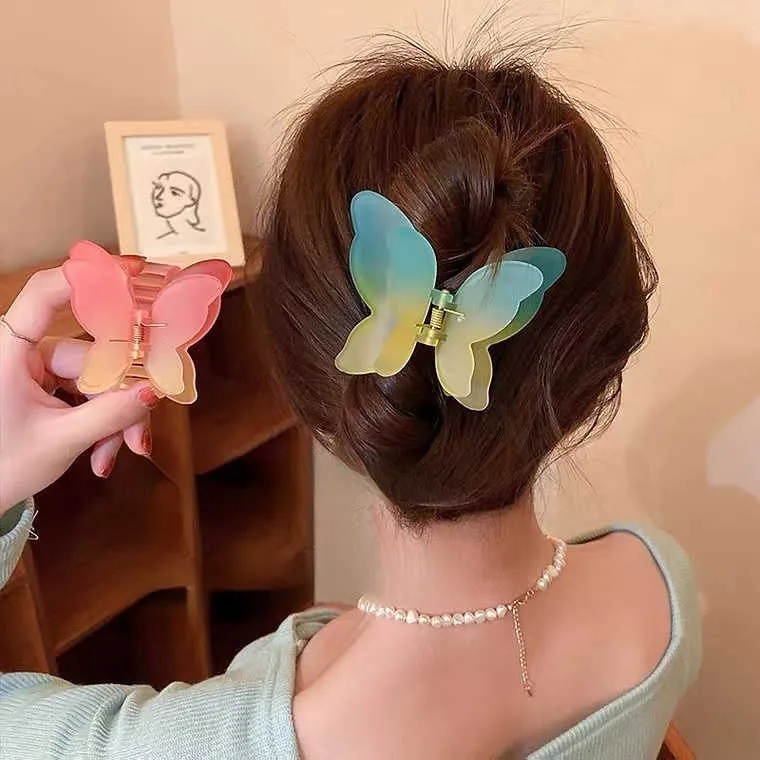 女性の髪の爪クリップバタフライヘアピンヘアクリップグラデーションタイダイカラーヘアスタイリングバレットヘアアクセサリー