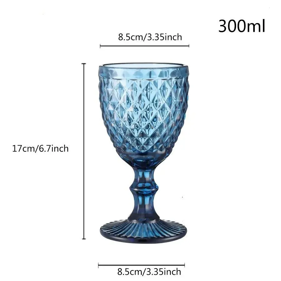 10oz Wine Glasses Colored Glass Goblet with Stem 300ml Vintage Pattern Embossed Romantic Drinkware for Party Wedding