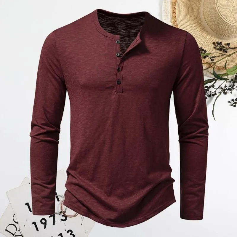 Men's T Shirts Men Slim Fit T-shirt Stylish Long Sleeve Tee Shirt With O-neck Buttons Solid Color Bottoming For Autumn