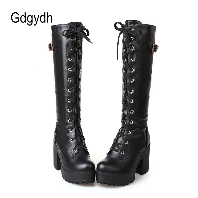 Botas Gdgydh Primavera Outono Lacing Joelho Bota Alta Moda Branco Quadrado Salto Mulher Sapatos De Couro Inverno PU Grande Tamanho 43 230809