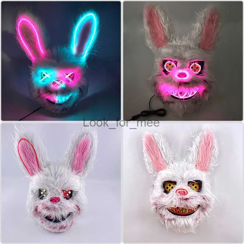 LED Light Up Mask Bloody Rabbit Cospbit Mask Halloween Horror Killer Masque Scary Adulto Adulto Disfraces de vestuario de la cara con máscara de cara completa HKD230810