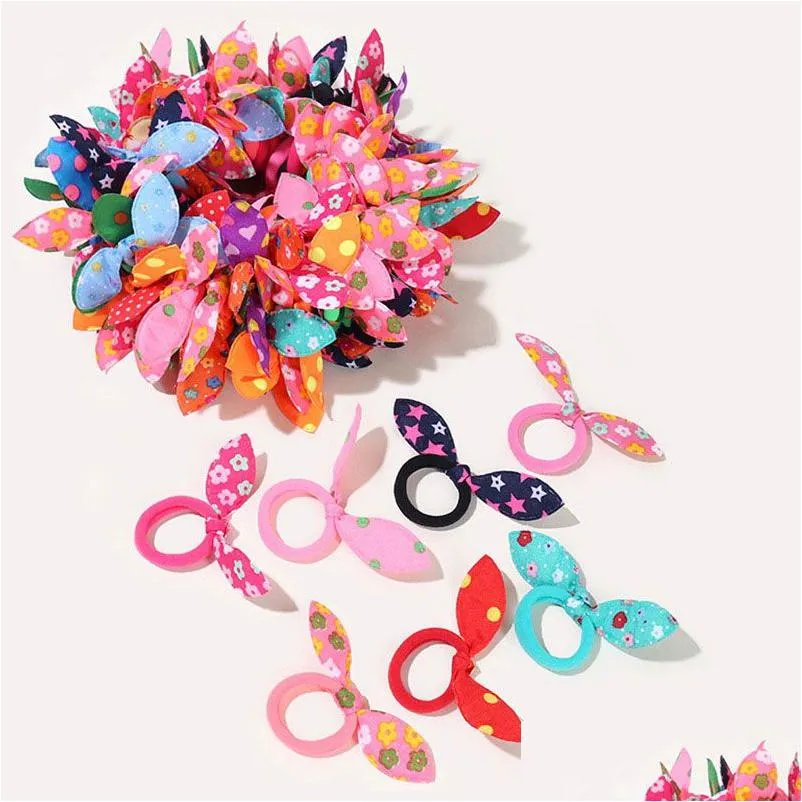 Hårtillbehör 100st/Lot Children Elastic Band Cute Polka Bow Rabbit Ears pannband Girl Ring Scrunchie barn hästsvanshållare Hår Dhoar