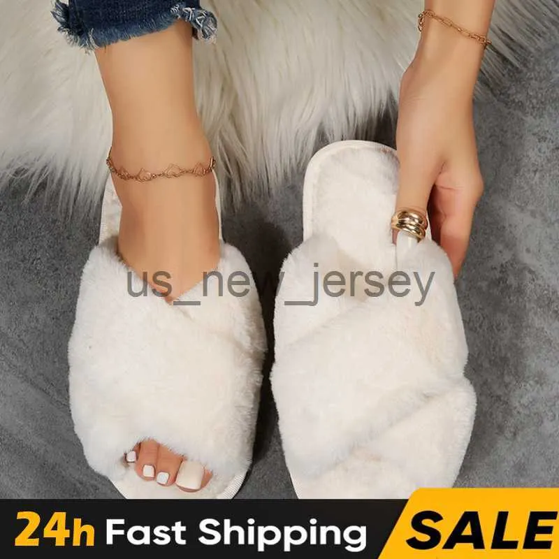 Talltor 2023 Cross Design Winter House Furry Slippers Women Fluffy Fur Home Slides Flat inomhusgolvskor Mjuka Sole Ladies Flip Flops J230810