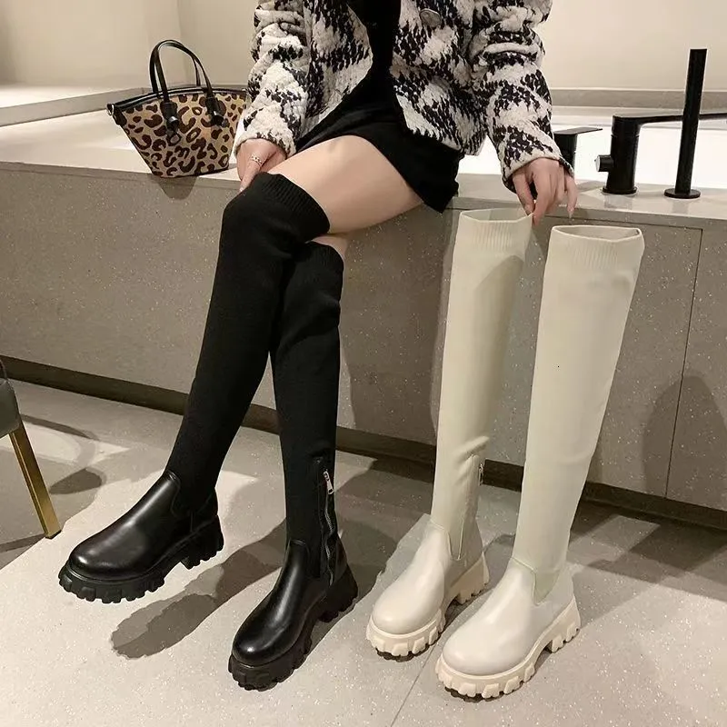 Breathable PU Leather Thigh High Boots With Stretch Sock Knee High