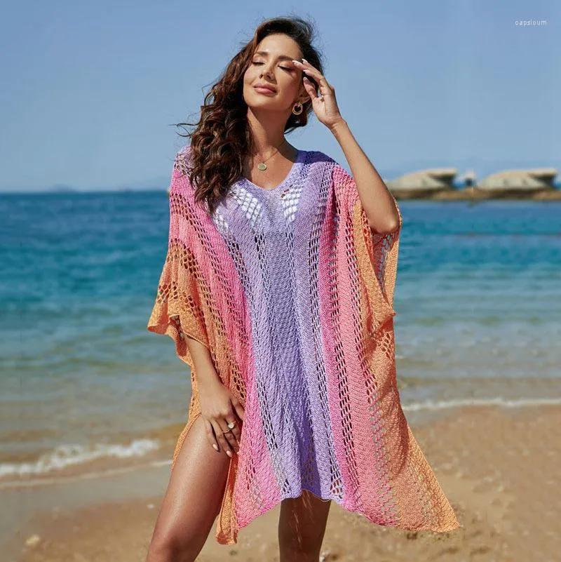Fato de banho feminino com listras de crochê biquínis encobertos para mulheres malha vazada manga morcego vestido de praia de verão