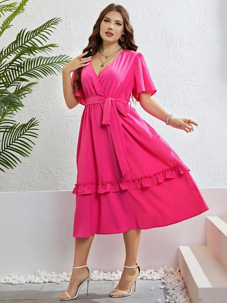 Plus Size Dresses V Neck For Women Fuchsia Elegant Short Butterfly Sleeve Ruffles A Line Mid Formal Daily Evening Gowns Outfits