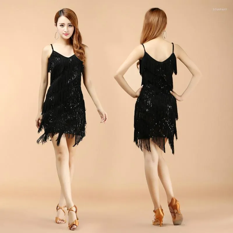 Scene Wear Drop Ladies Sexy Latin Dance Dress Professional Ballroom Cha Latino Dancing Dresses Sequin Clubwear Mini 90 90