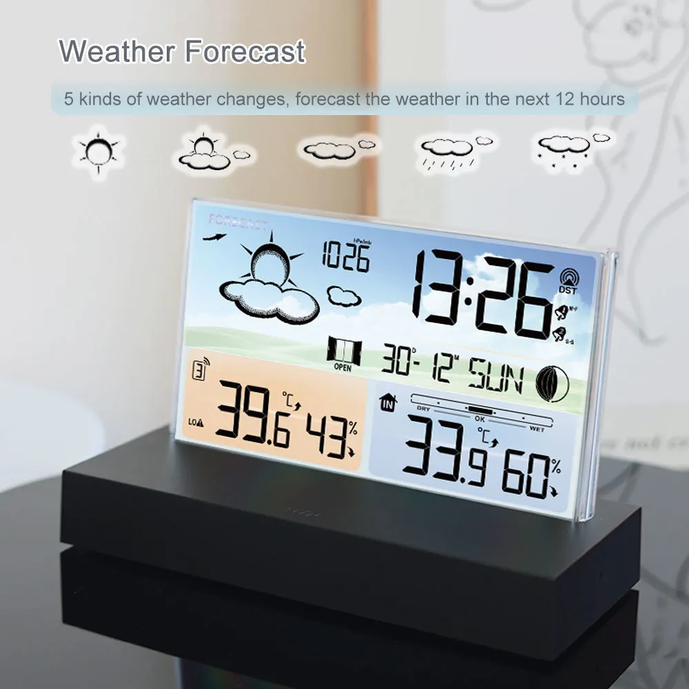 Affichage couleur de l'horloge météo Thermomètre et hygromètre sans fil  intérieur et extérieur Grand écran couleur intérieur et extérieur Moniteur  de température et d'humidité Horloge météo - 