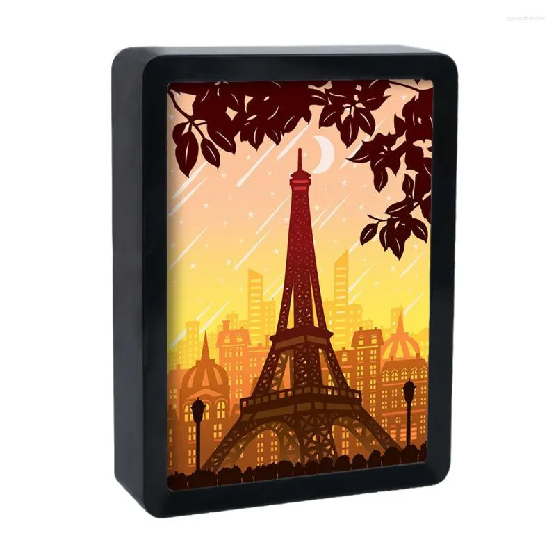 Nattlampor ljus Eiffel Tower Artwork 3D Papper Carving Shadow Box Led Desktop Lamp för dekoration sovrum vänner gåva