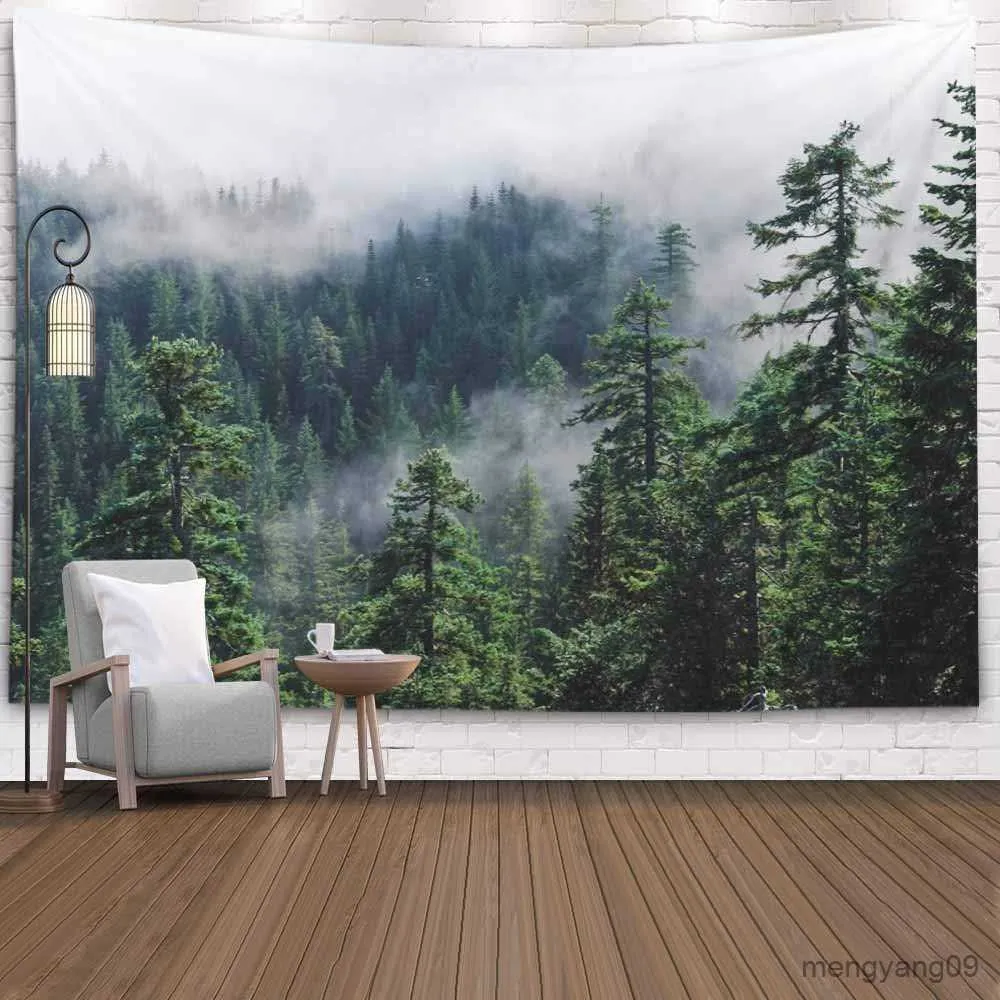 Tapisserier Misty Forest Tapestry Foggy Mountain Wall Hanging Magical Tree Tapestries Nature Woodland Mural Filt Decor Bakgrund Tyg R230810