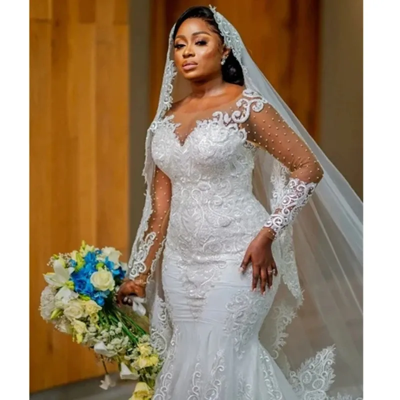 Plus size sereia cristais vestido de casamento chegada rendas mangas compridas árabe muçulmano vestidos de noiva vestido de noiva apliques românticos 266w