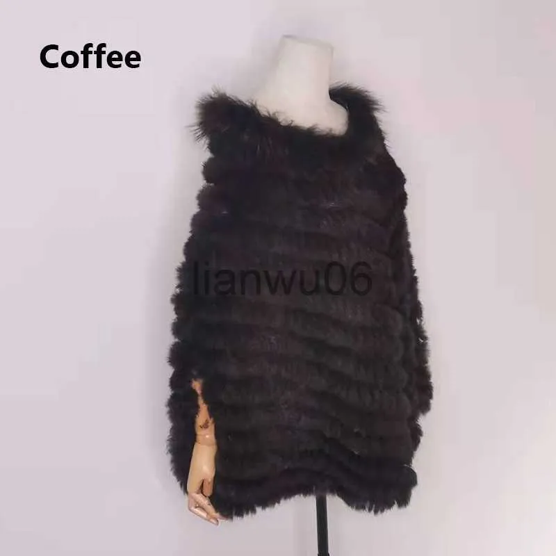 Women's Jackets 2021 Women Rabbit Fur Raccoon Fur Poncho Knitted Pullover Cape Real Fur Knitting Wraps Shawl Big Shawl J230810