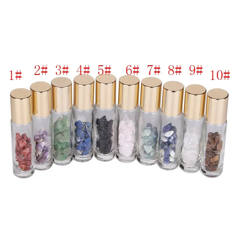 10ML Natural Semiprecious Stones ssential Oil Gemstone Roller Ball Bottles Clear Glass Healing Crystal Chips