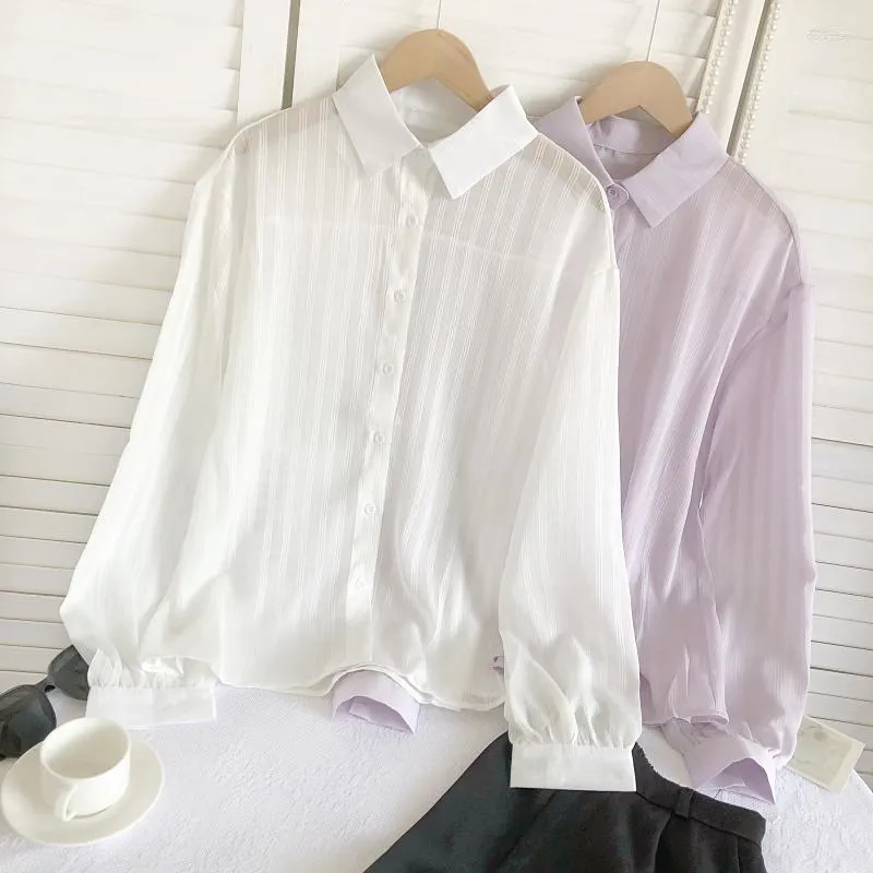 Kvinnor Bluses Woman Shirts Långärmning Turn-down krage randiga kläder för kvinnor knappar den Allsmäktige koreanska mode camisas sommar droppe