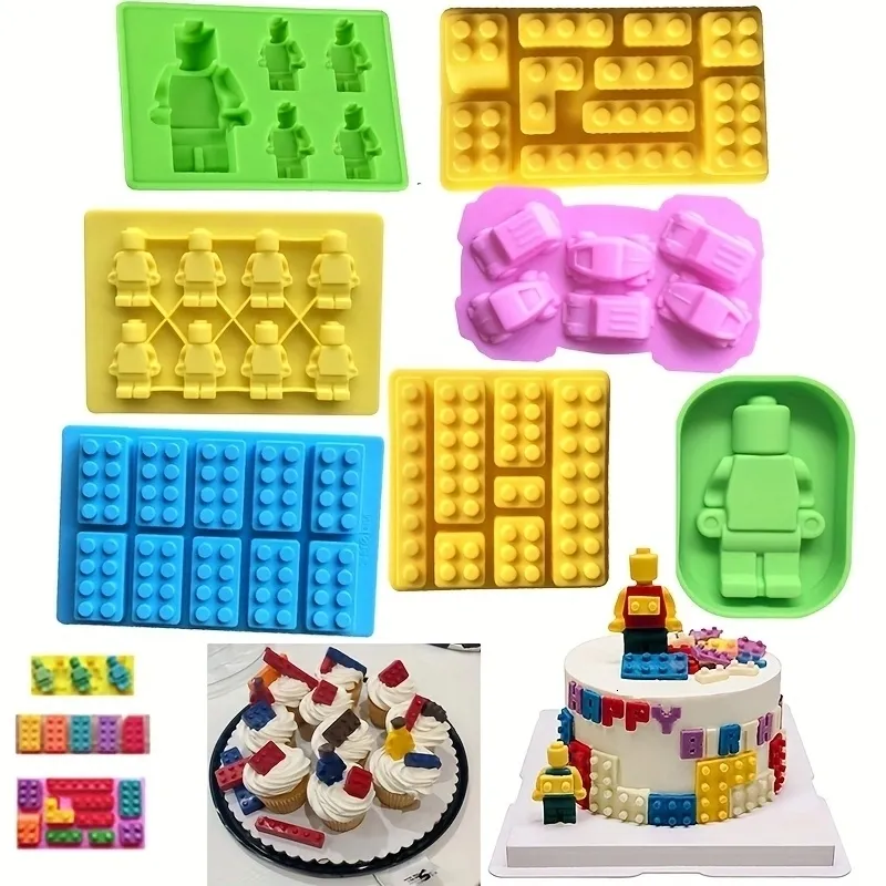 Formas de Assar Bloco Molde de Silicone Construção de Tijolo Robô Gelatina de Chocolate Cubos de Gelo Bandeja Decoração de Bolo Cupcake Topper Crianças Festa de Aniversário Carro 230809