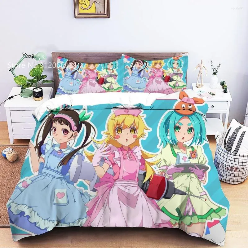 Sängkläder set 2/3 datorer Bakemonogatari Anime Set 3D Print för barn vuxna täcken täcker härliga kawaii flickor säng quilt hem dekor