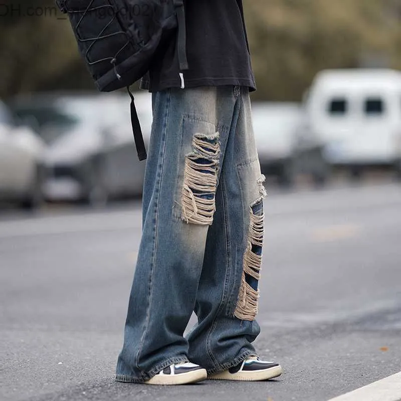 Men's Pants American style torn jeans men's summer washing and wear loose fitting wide leg straight pipe mops fashionable high street pants Z230814