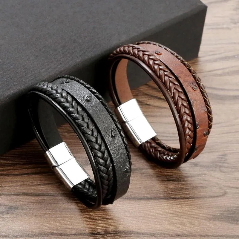 Charm Bracelets Classic Multi-Layer Hand Woven Leather Bracelet For Men,  Black Color, Hip Hop Punk Style, Fashion Jewelry Year Gift