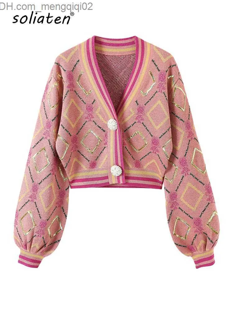 Les pulls féminins à la mode et l'automne en tricot cardigan lanterne à manche en V décontracté v-coul ultra mince argyle pour femmes de haute qualité C-031 Z230814