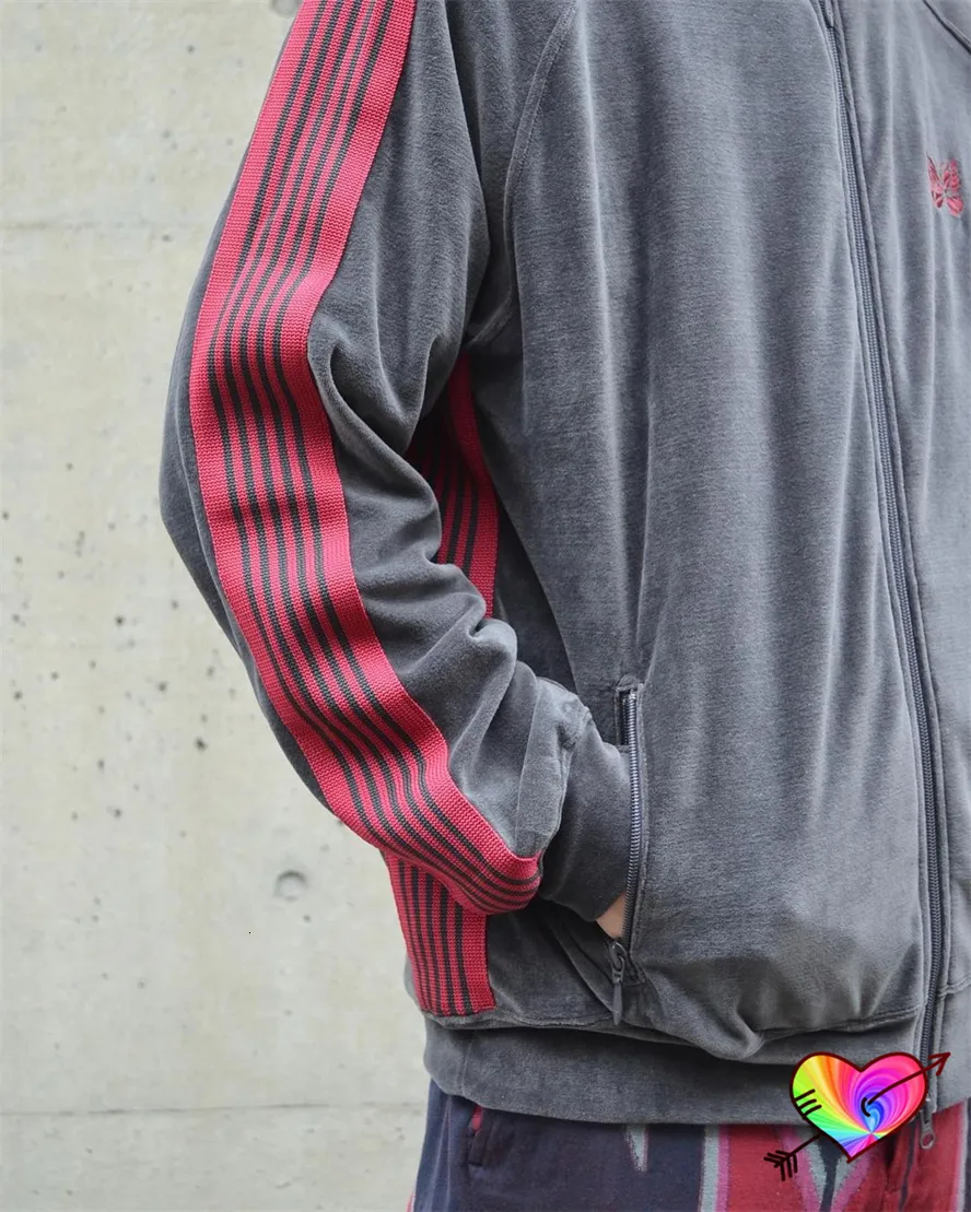 Gray Red Needles Track Zip Up Jackets With Velvet Embroidery Gray Red Needles Track Zip Up Jackets With Velvet Embroidery