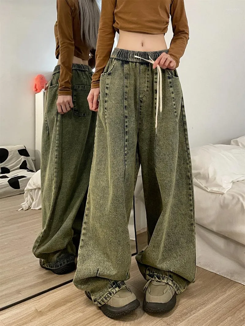 Women's Jeans American Retro 2023 Spring Lantern Wed Leg Pants Distressed Green Casual Loose Oversize Vintage Boyfriend For Women
