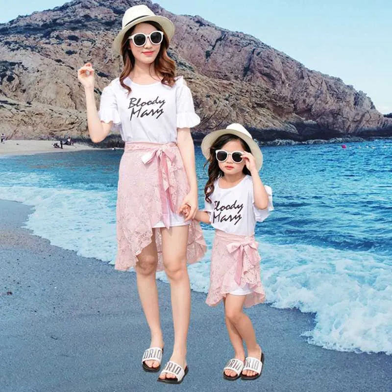 Family Matching Outfits Family Matching Clothes Summer Mum Daughter White Tshirt+Lace Skirt Mommy and Me Clothes Matching Family Outfits Kids Girl Skirt