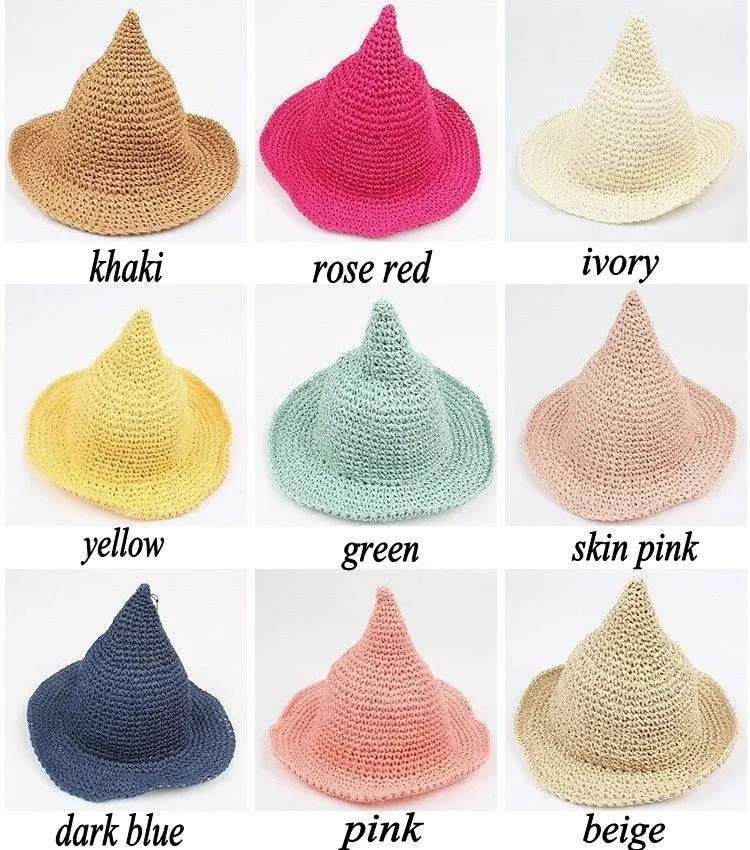 Girls Straw Hat Children Sun Hat Spring Baby Beach Caps Hand-woven Witch Spiky Hat 