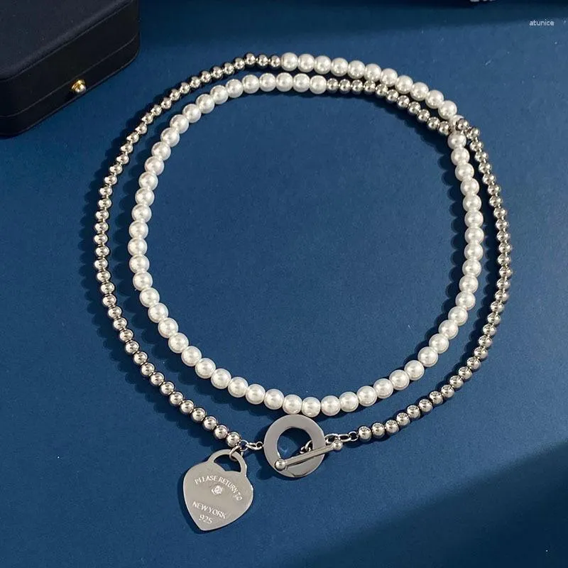 Hänge halsband toppkvalitet bokstav namn hjärtstil lång halsband pärlkedja dubbel lager rostfritt stål för kvinnor mode smycken