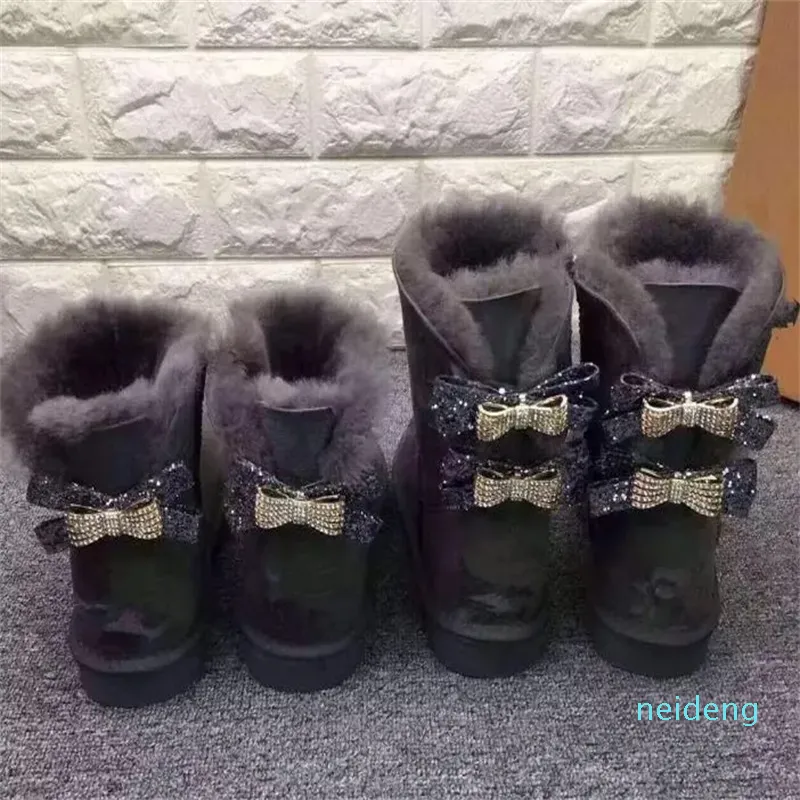 Kobiety pojedyncze diamentowe buty śniegowe żeńskie zimowe krowy dzielone skórzane łuk krążki krążki ciepły gruby bawełniany but buta