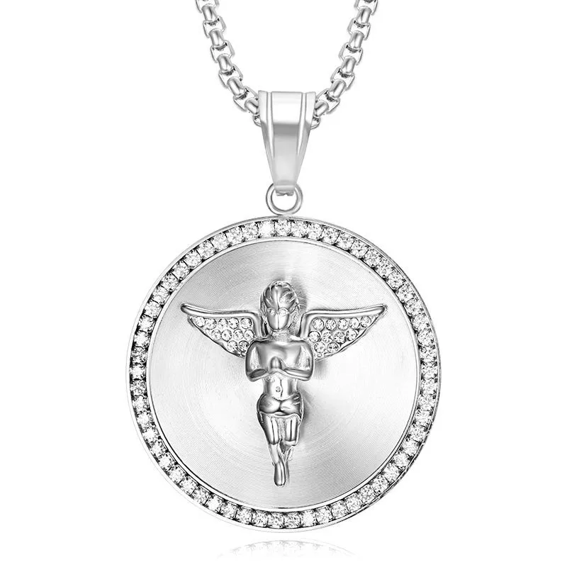 316L Stainless Steel Hip Hop Punk Jewlery Round Cubic Zirconia Angel Pendant Necklace For Men Women Street Dance Rock Rapper Accessories