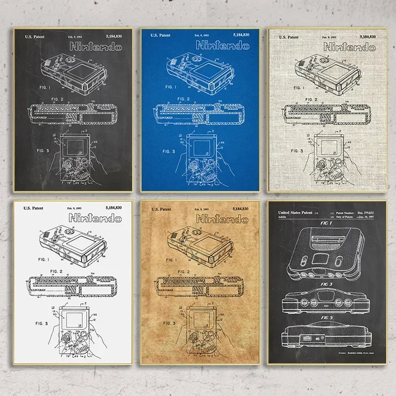 Canvas målar japanskt videospel System Vintage Patent Blueprint Affischer Print Gaming Wall Art for Gamer Boys Room Decor No Frame WO6