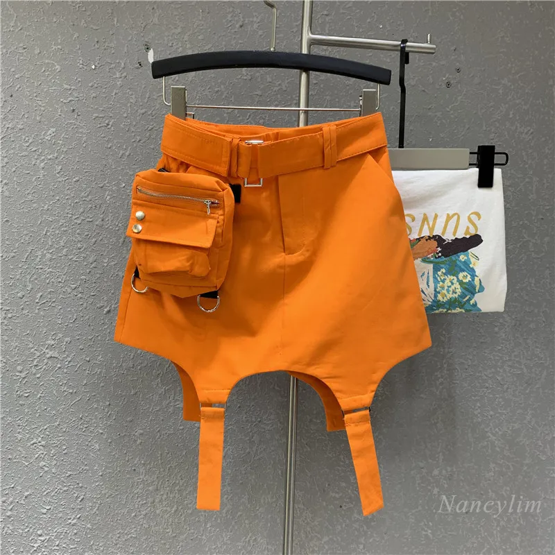 Skirts Harajuku Orange Skirt Women Summer High Waist Casual Sports Skirts Sexy A- Line Short Mini Jupe Femme with Belt 230810