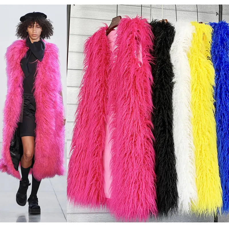 Frauenfell Faux Mongolia Sheep Frauen lange Weste bunte warme große Größe Plüschmäntel weibliche Jacke Herbst Winter Furry Oberbekleidung 230811 230811